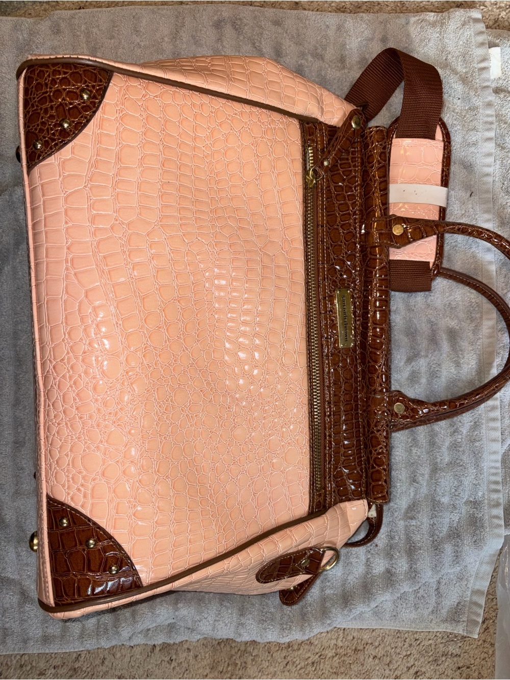 Croc-Embossed Pink & Brown Laptop Tote Bag